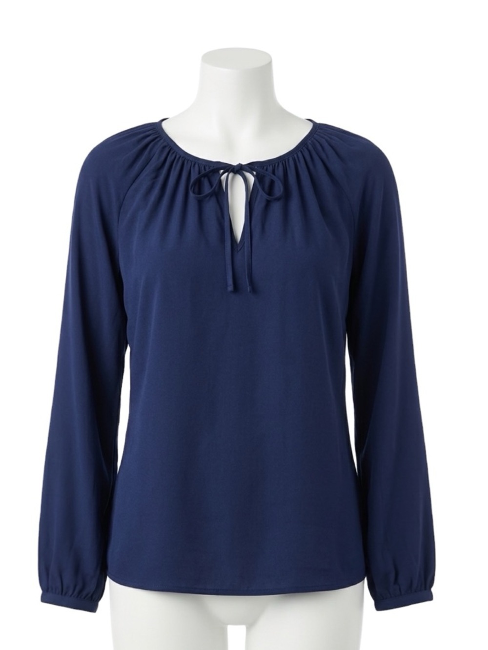 Worth NY Navy Blue Tie Neck Boho Peasant Blouse Long Sleeve Gathered Top Size M